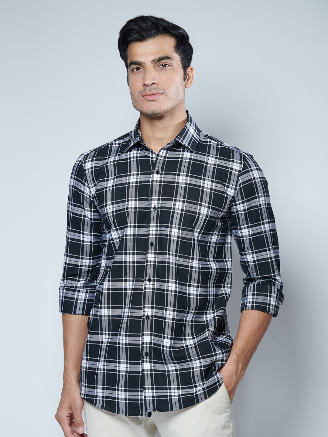 

MARK & ALBERT Men Cotton Classic Slim Fit Tartan Checked Casual Shirt, Black