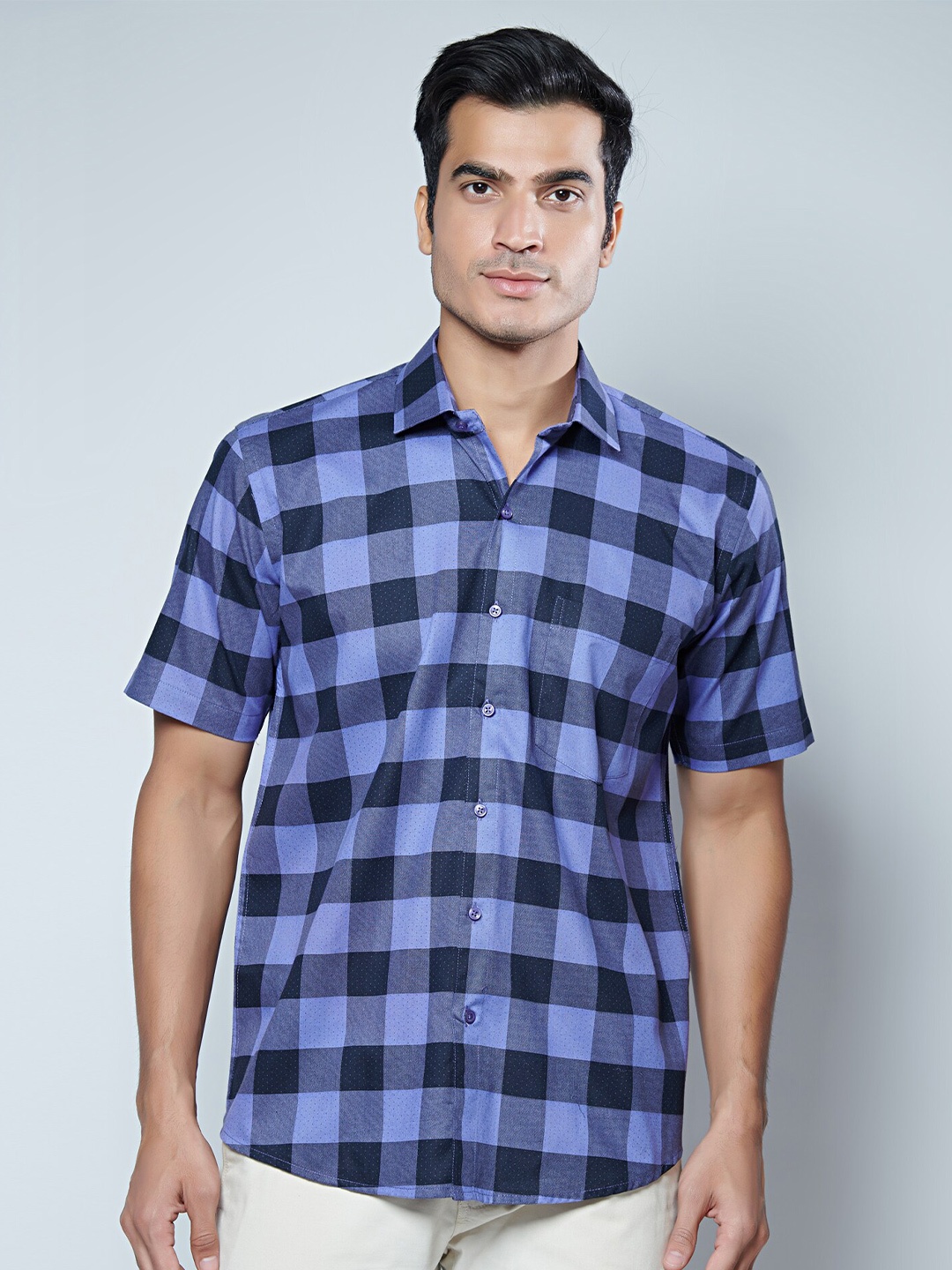 

MARK & ALBERT Men Classic Slim Fit Buffalo Checks Checked Cotton Casual Shirt, Blue