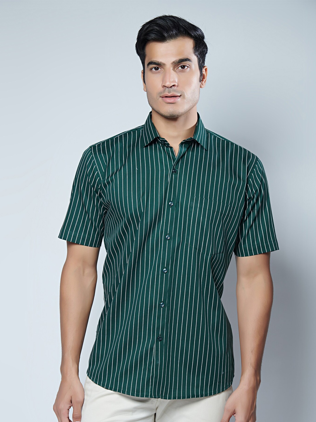 

MARK & ALBERT Men Classic Slim Fit Striped Cotton Casual Shirt, Teal