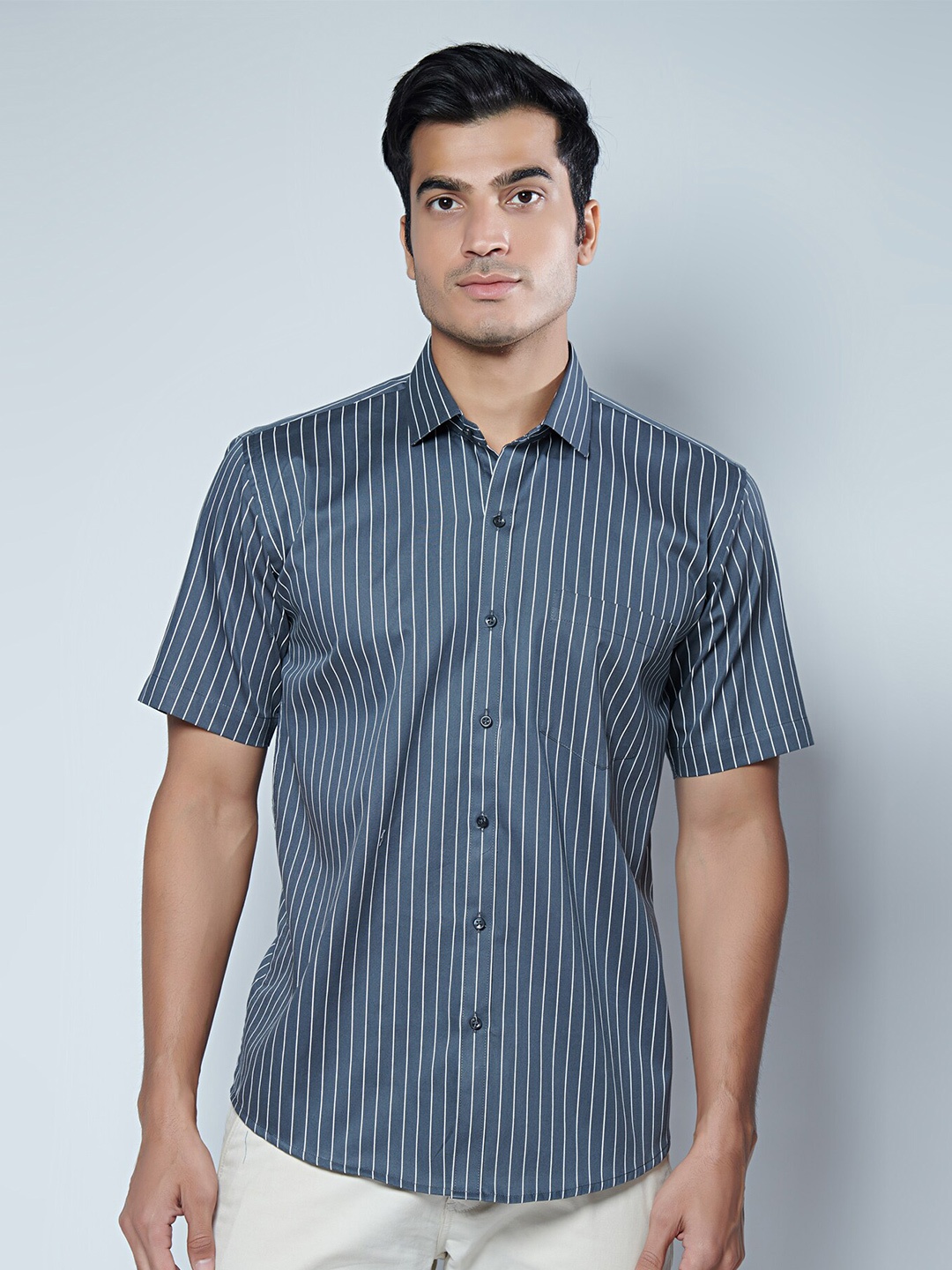 

MARK & ALBERT Men Classic Slim Fit Striped Cotton Casual Shirt, Blue