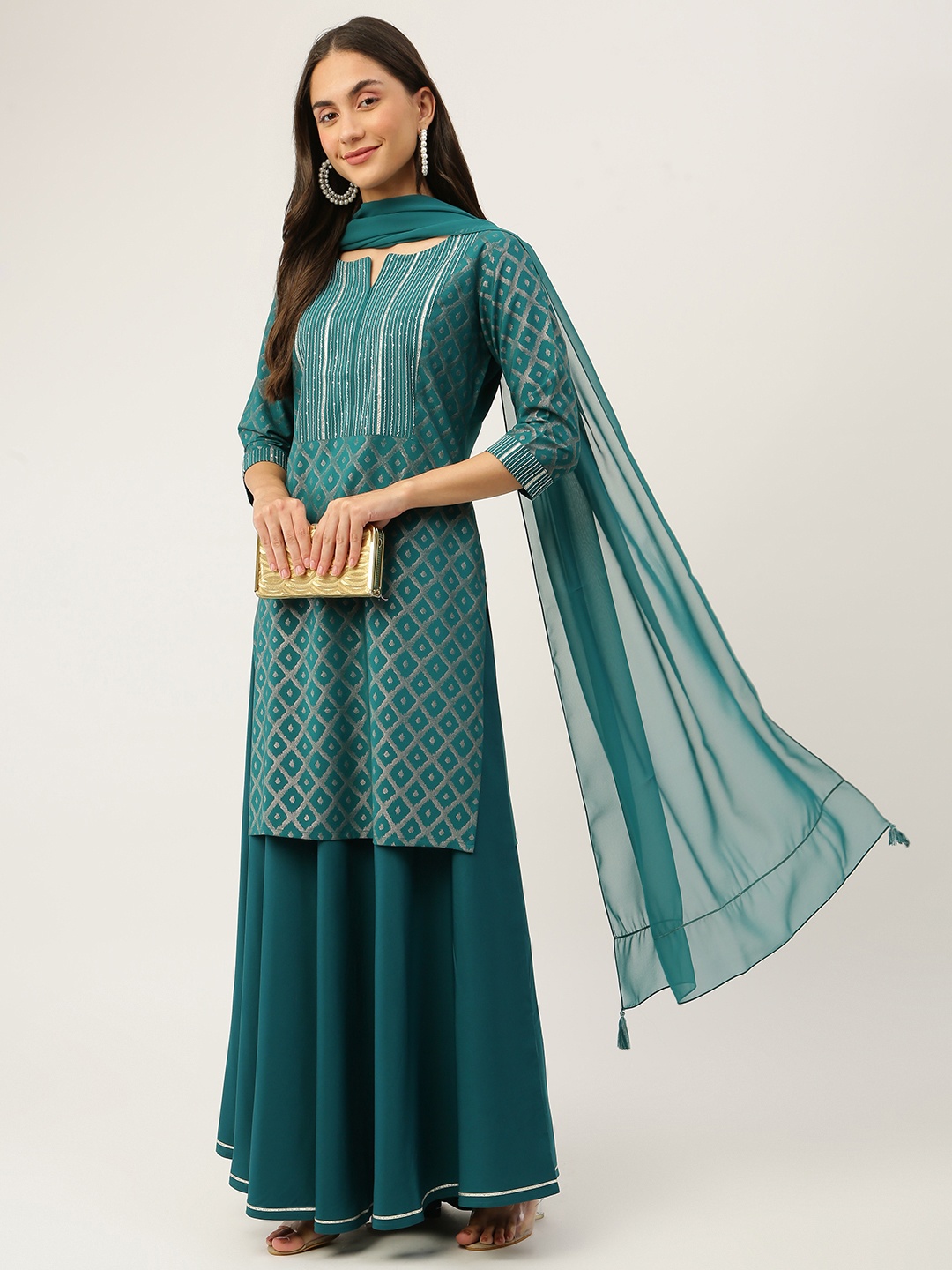 

FIORRA Foil Printed Kurta with Skirt & With Dupatta, Teal