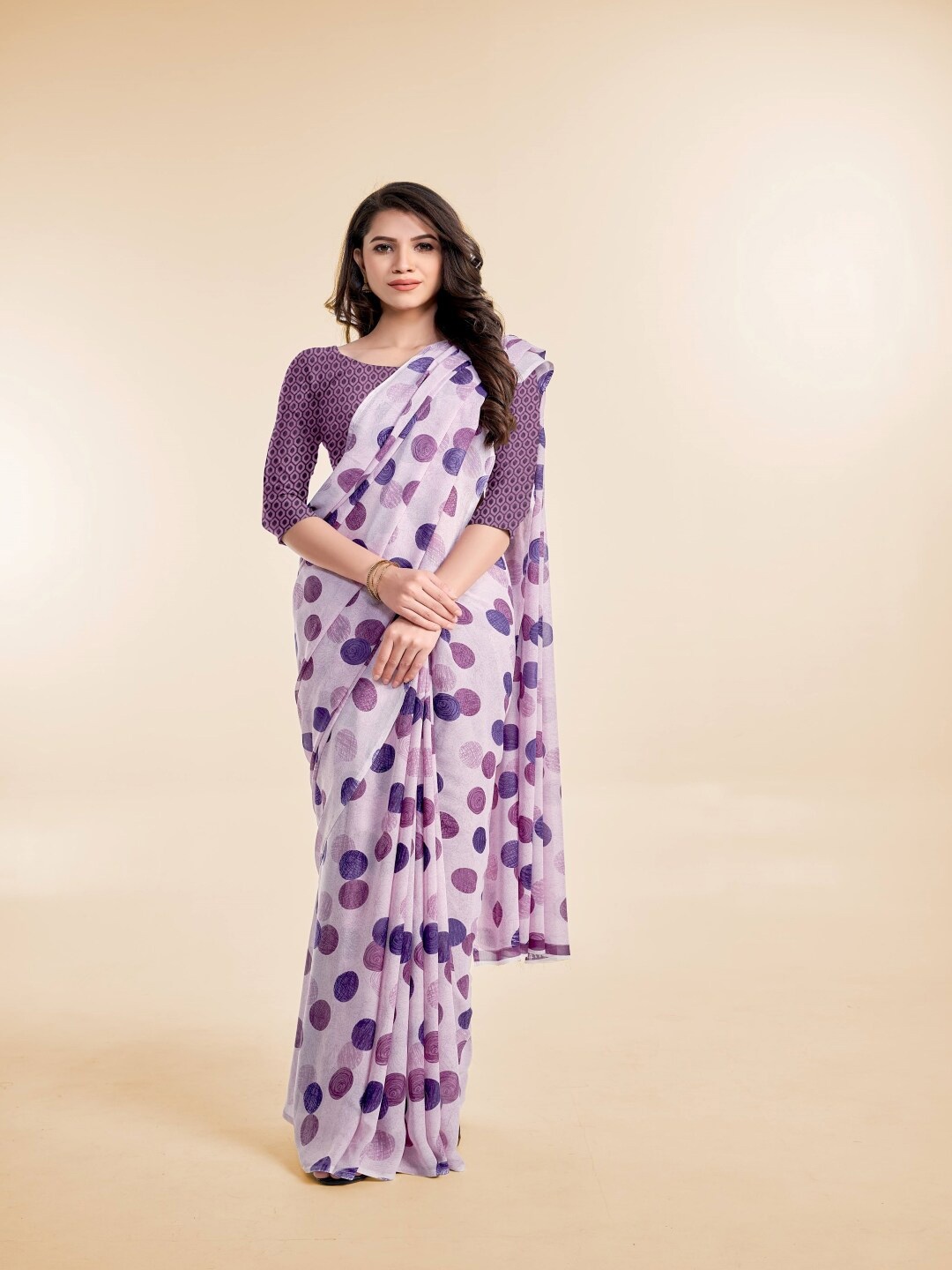 

Ambuja International Polka Dot Printed Georgette Saree, Purple