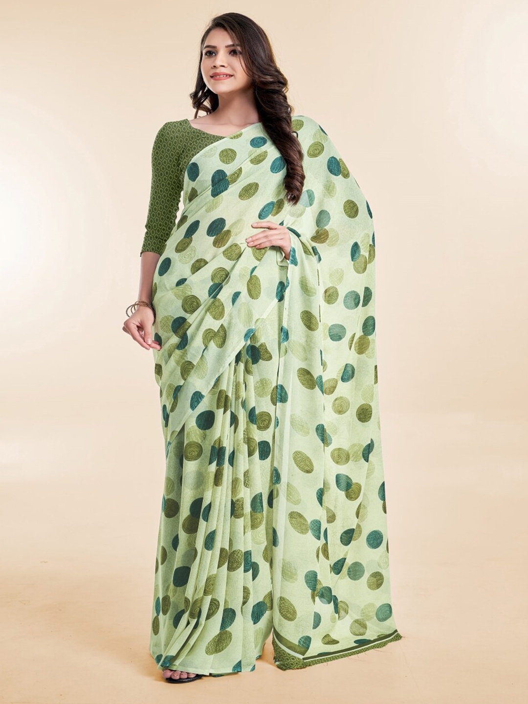 

Ambuja International Polka Dot Printed Georgette Saree, Green