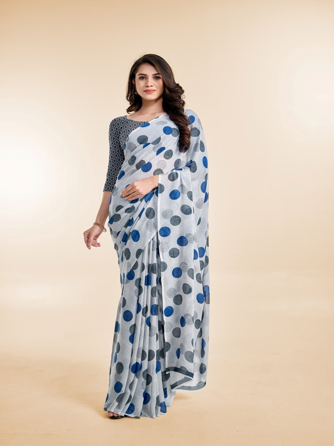 

Ambuja International Polka Dot Printed Georgette Saree, White