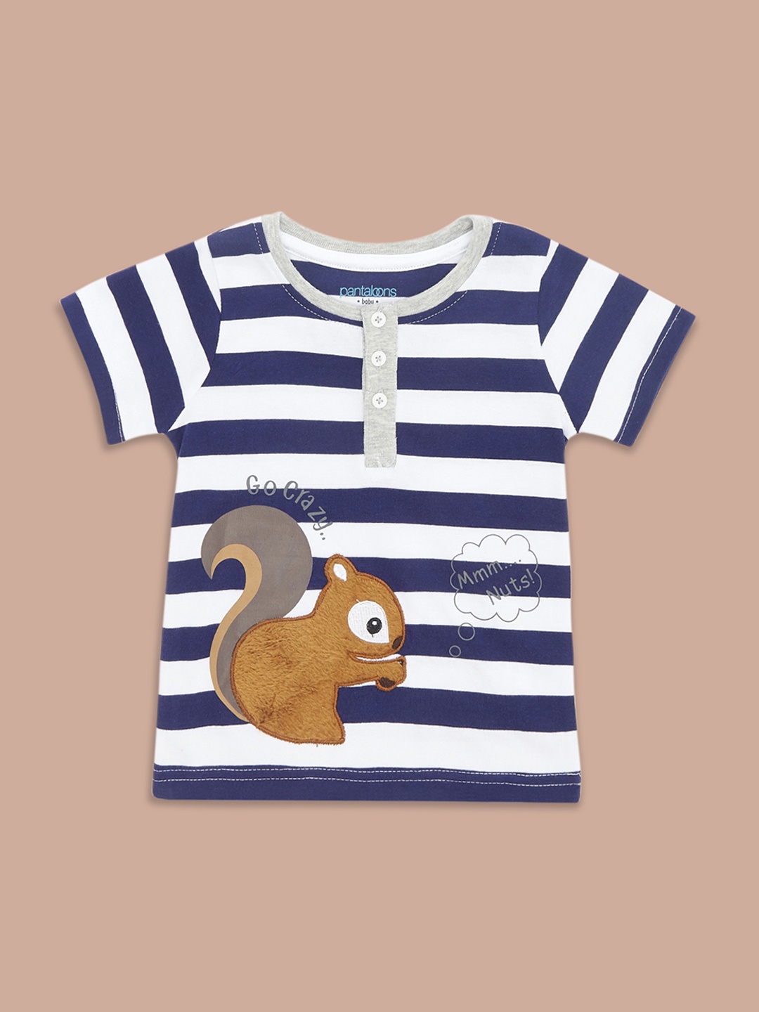 

Pantaloons Baby Boys Striped Henley Neck Cotton T-shirt, Navy blue