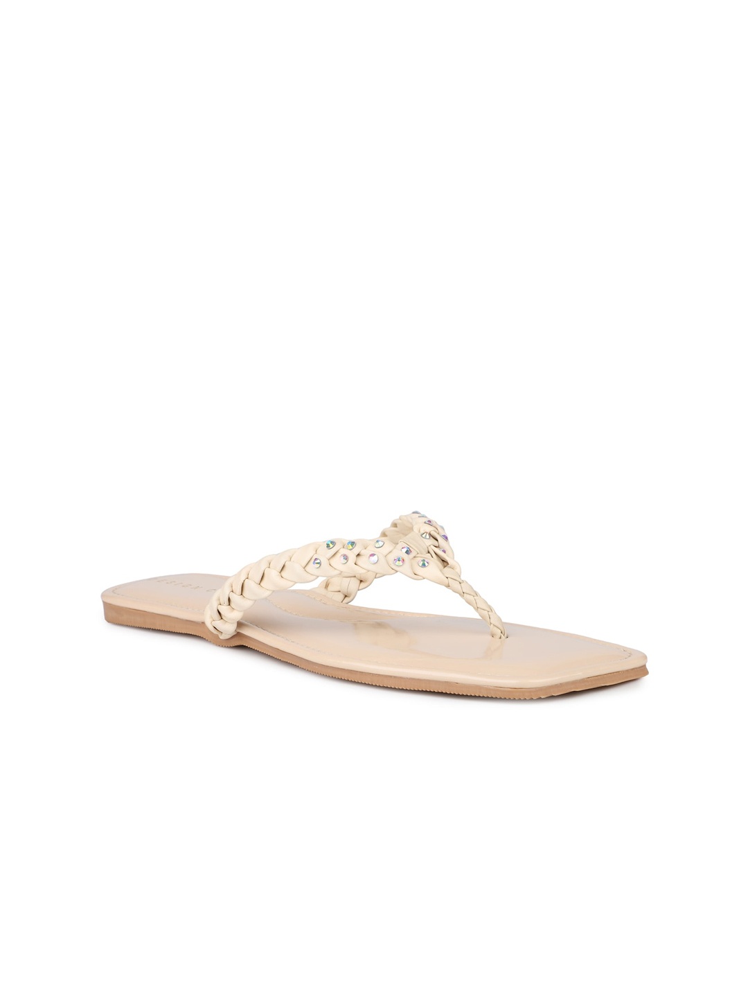 

DESIGN CREW Women Embellished T-Strap Flats, Beige