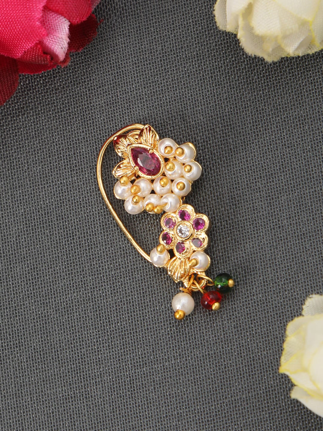 

AccessHer Gold-Plated CZ-Studded & Beaded Nosepin, Pink