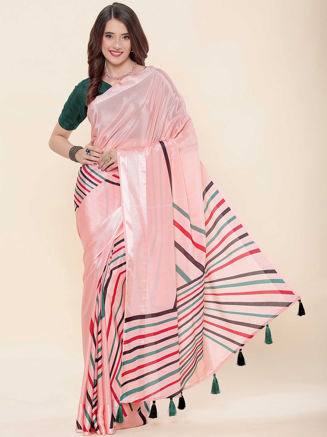 

DUNGRANI Striped Zari Art Silk Saree, Peach