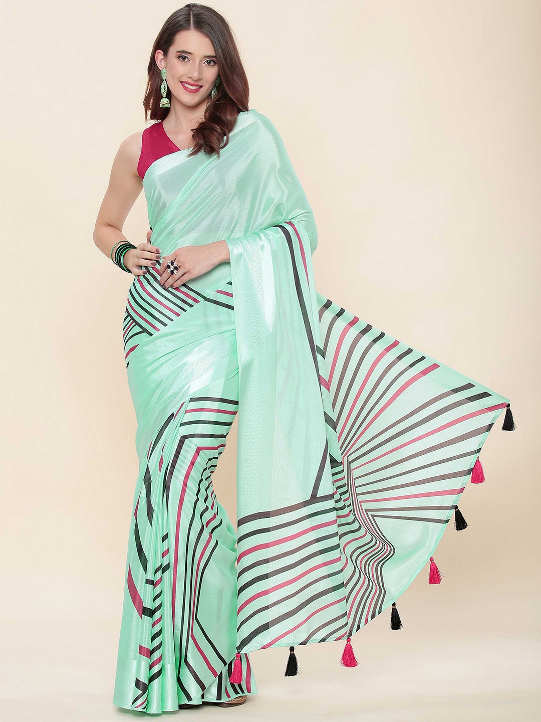 

DUNGRANI Striped Zari Art Silk Saree, Sea green