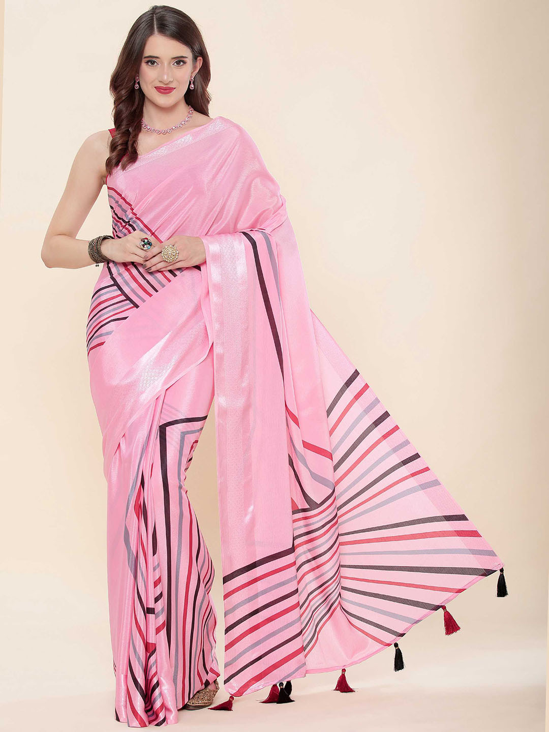 

DUNGRANI Striped Zari Art Silk Saree, Pink