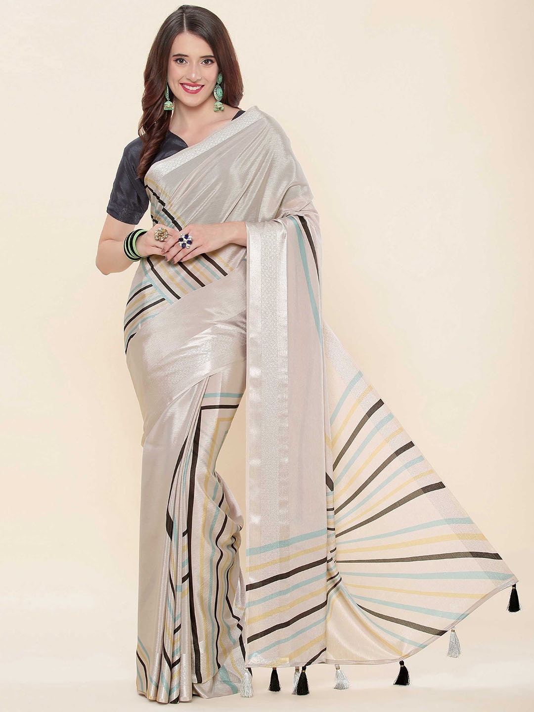 

DUNGRANI Striped Zari Art Silk Saree, Grey