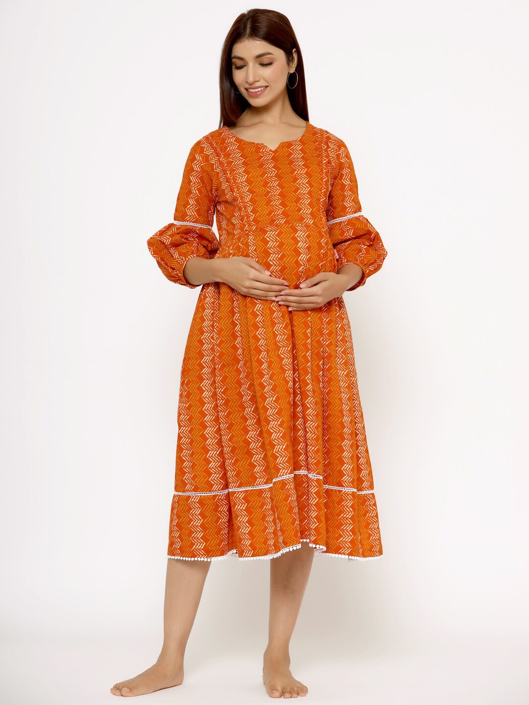 

Ikk Kudi by Seerat Geometric Printed Maternity A-Line Midi Pure Cotton Dress, Orange