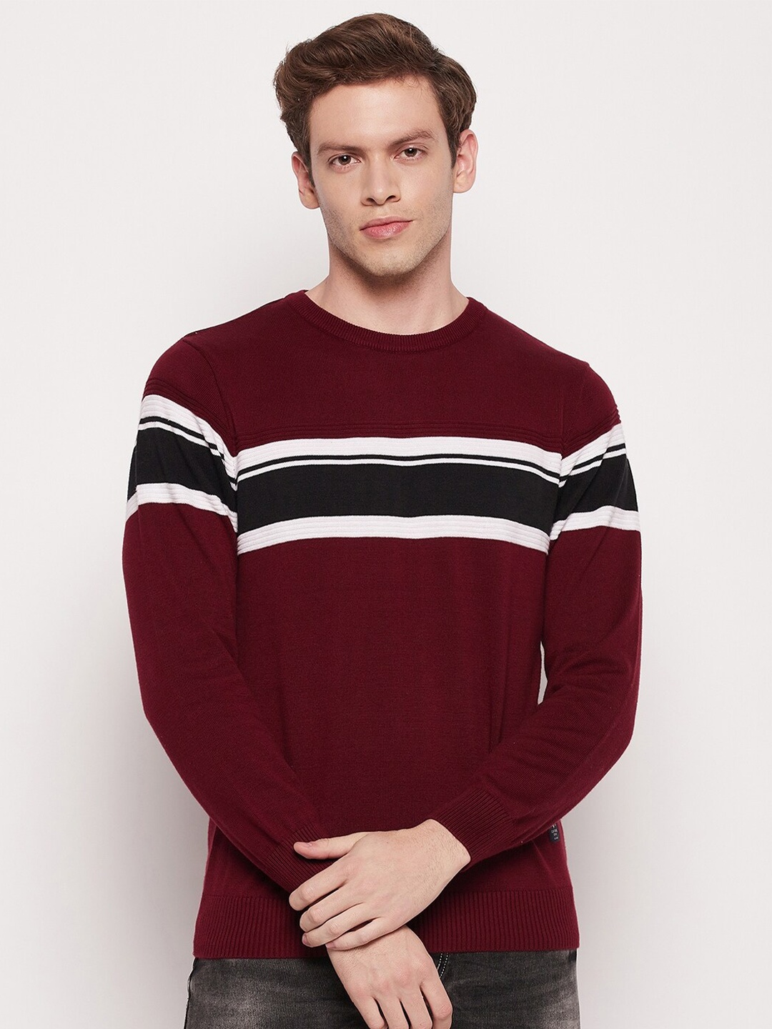 

Cantabil Men Striped Wool Pullover, Maroon