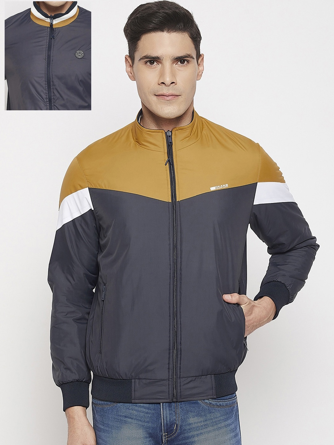 

Okane Men Colourblocked Reversible Bomber Jacket, Mustard