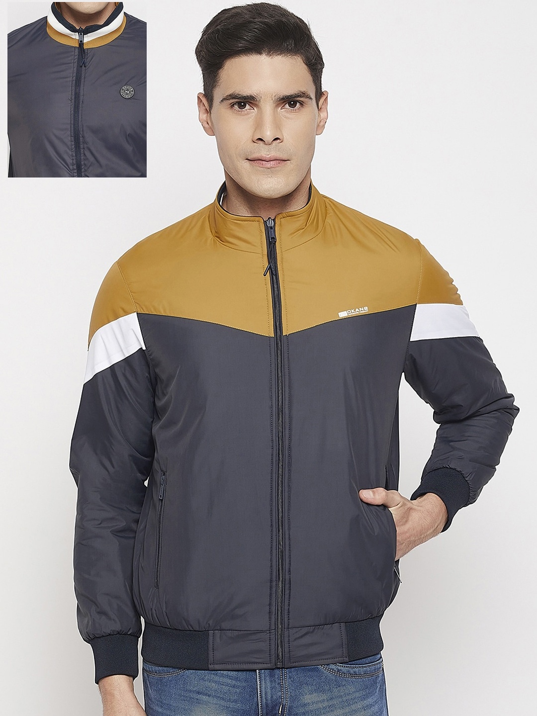 

Okane Men Plus Size Colourblocked Reversible Bomber Jacket, Mustard