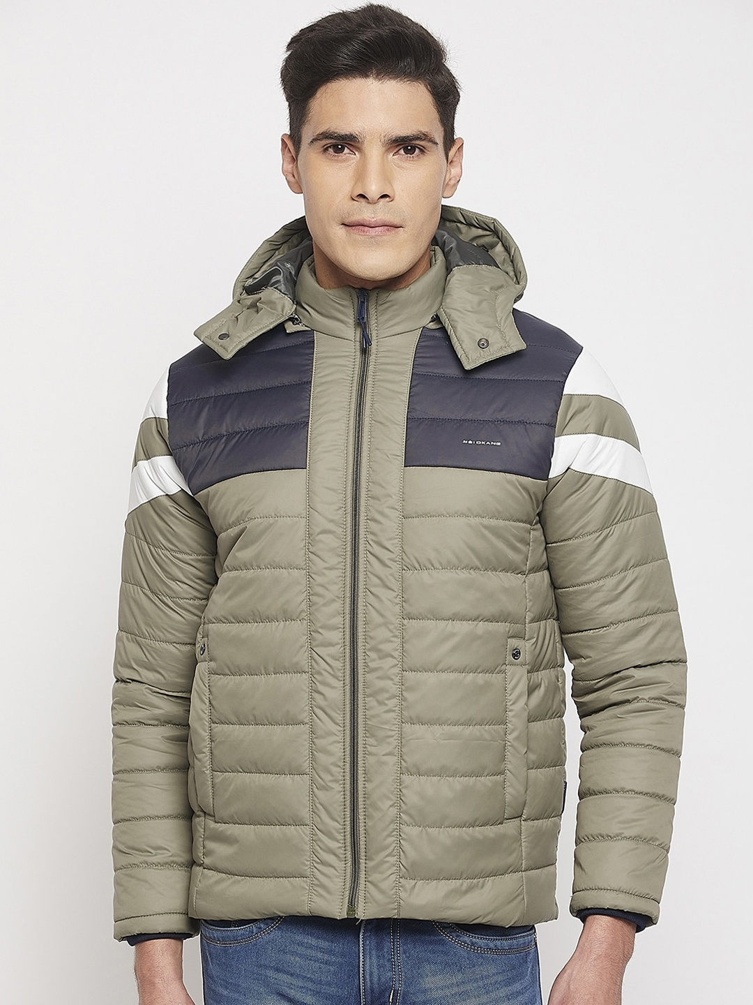 

Okane Men Colourblocked Lightweight Hooded Puffer Jacket, Olive