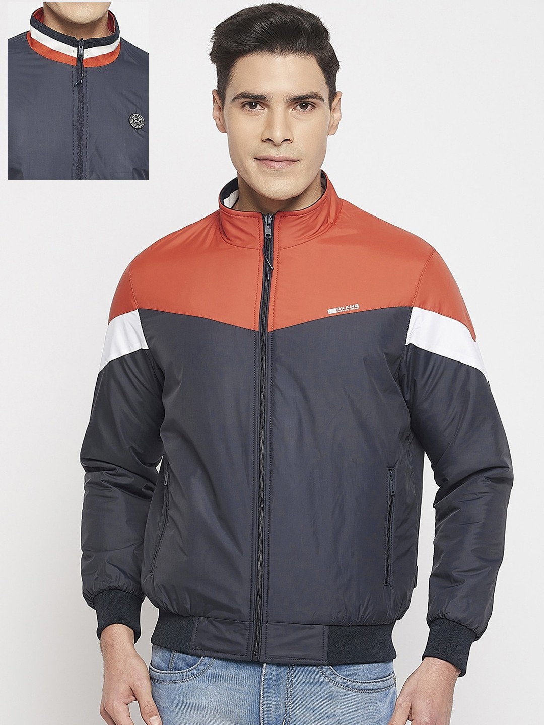 

Okane Men Colourblocked Reversible Bomber Jacket, Orange