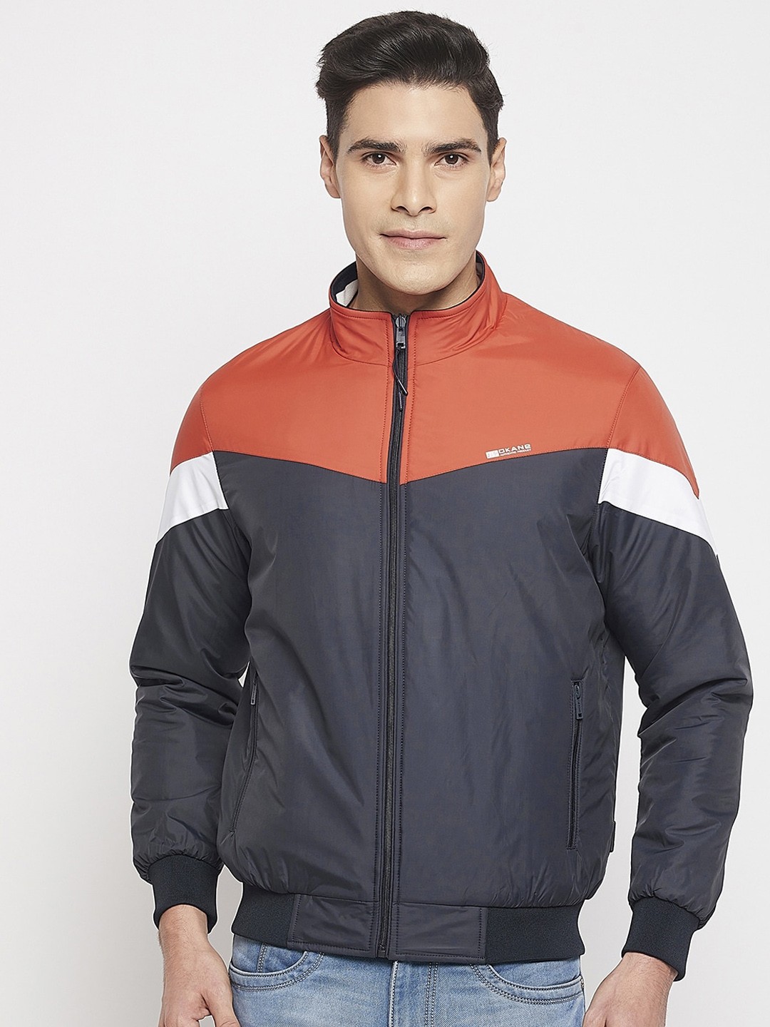 

Okane Men Colourblocked Reversible Bomber Jacket, Navy blue