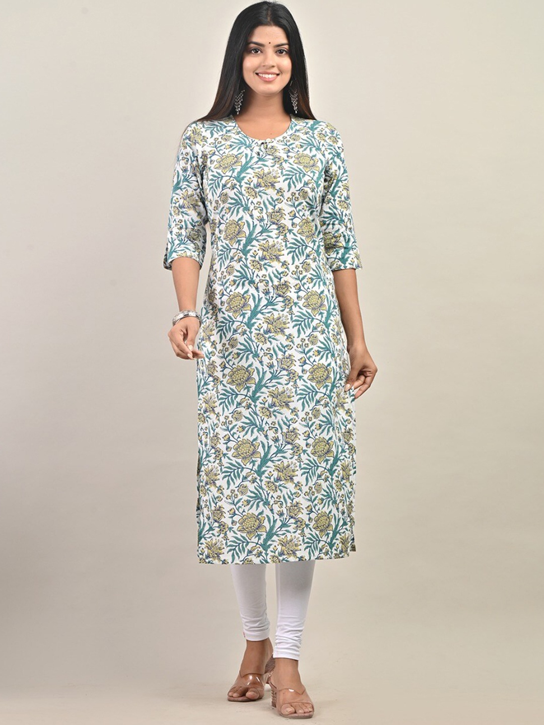 

Swasti Floral Printed Keyhole Neck Pure Cotton Kurta, White
