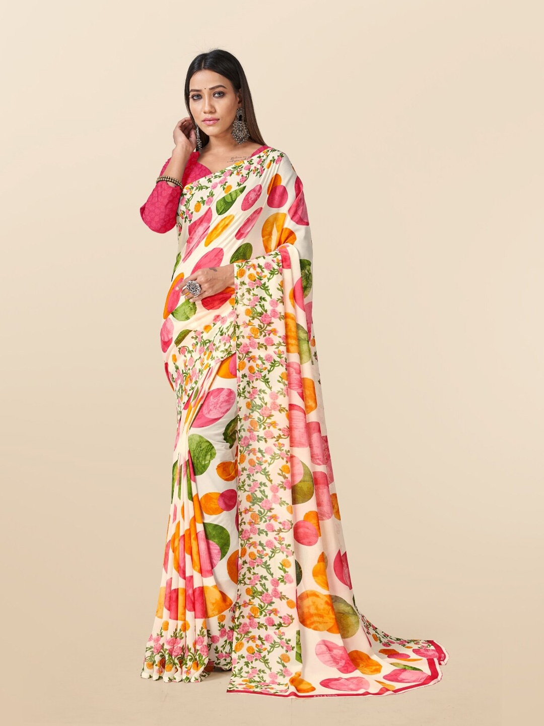 

Ambuja International Polka Dot Printed Georgette Saree, Pink