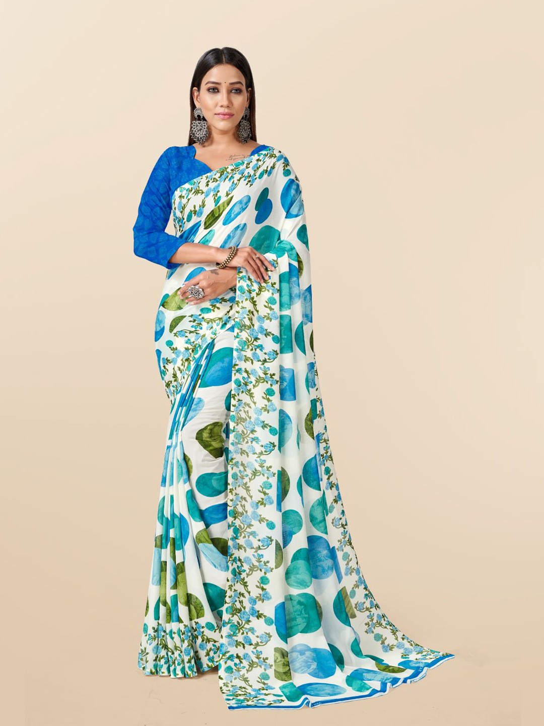 

Ambuja International Polka Dot Printed Georgette Saree, White