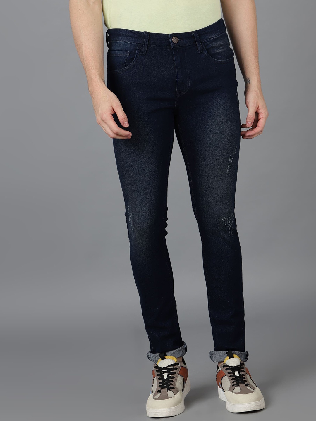 

Urbano Fashion Men Low Distress Light Fade Stretchable Jeans, Navy blue