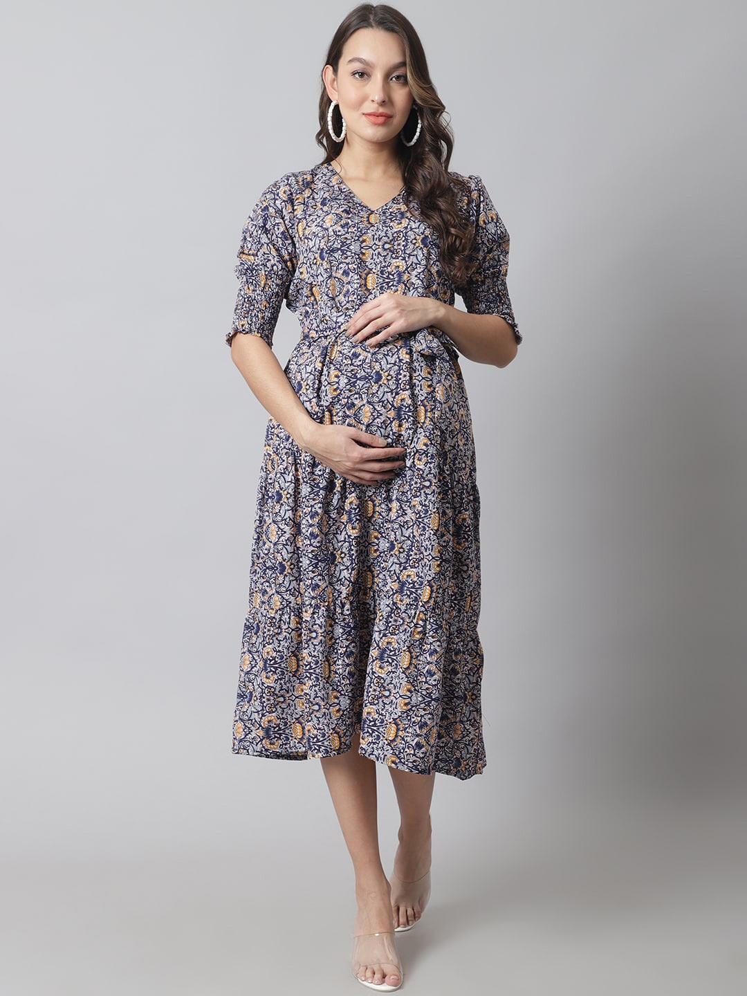 

Moms Maternity Floral Printed Crepe Maternity Midi Dress, Navy blue