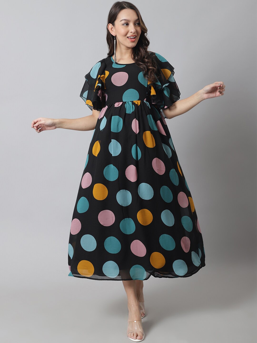 

Moms Maternity Georgette Maternity Polka Dot Printed Maxi Dress, Black