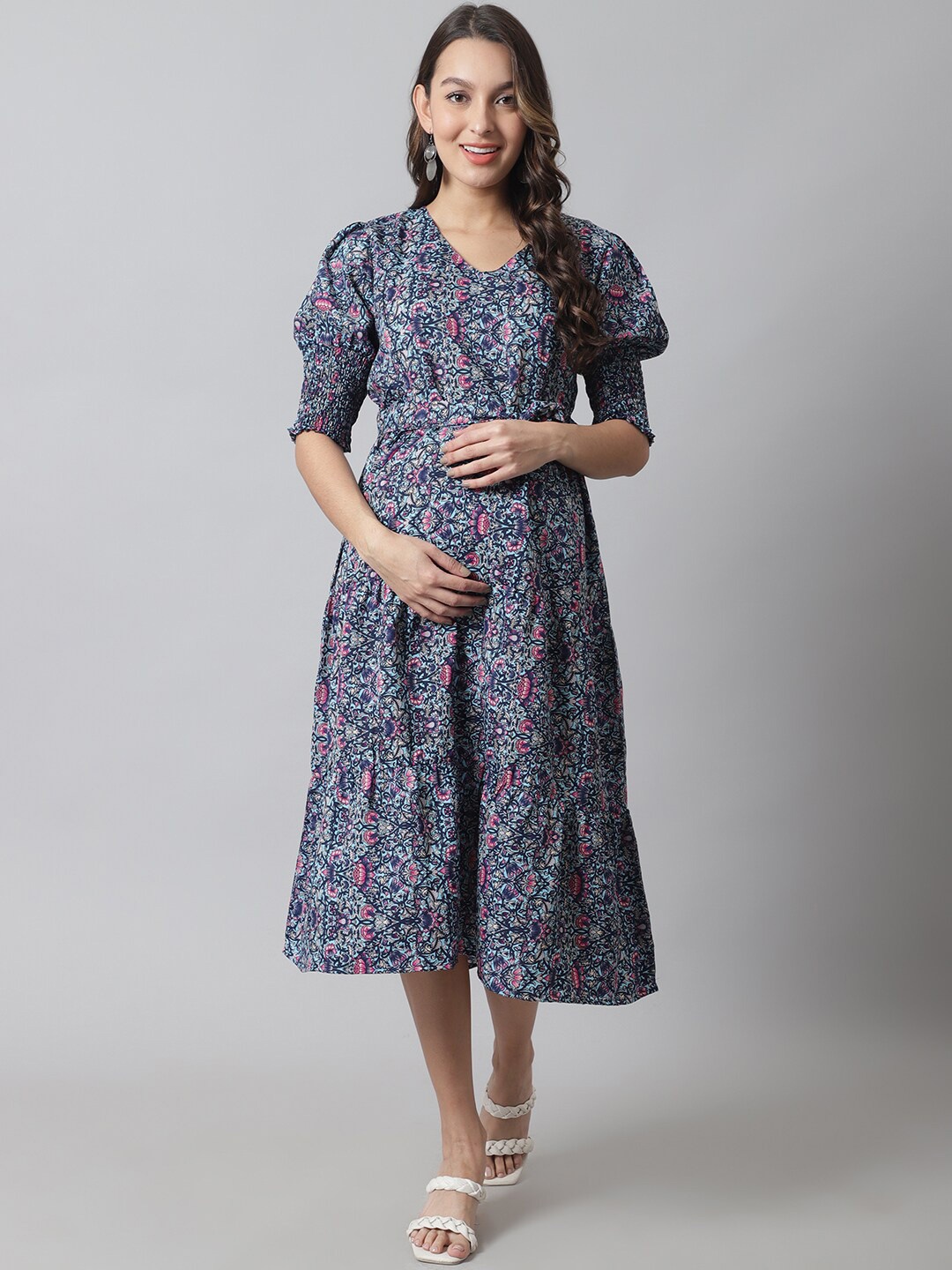 

Moms Maternity Floral Printed Crepe Maternity Midi Dress, Turquoise blue