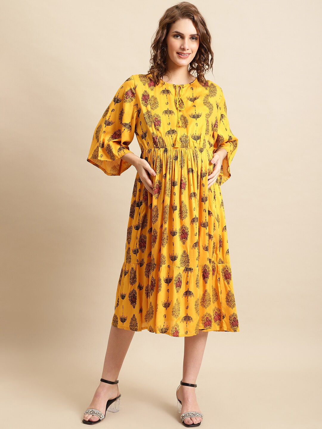 

Moms Maternity Ethnic Motifs Tie-Up Neck Maternity Midi Dress, Yellow