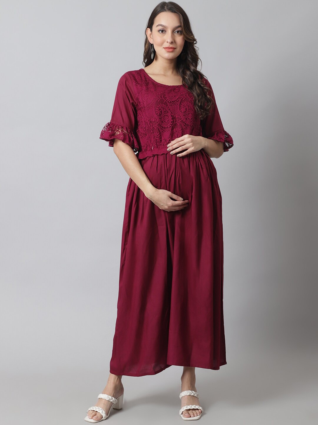 

Moms Maternity bell sleeve Maxi Dress, Maroon