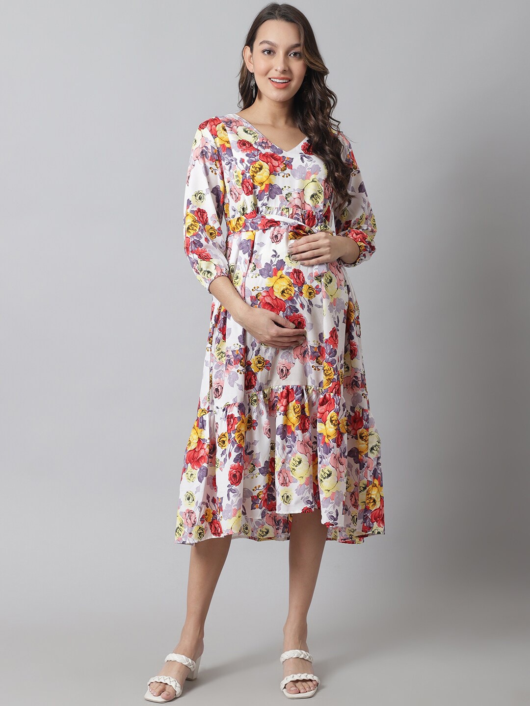 

Moms Maternity Floral Printed Crepe Maternity Midi Dress, Yellow