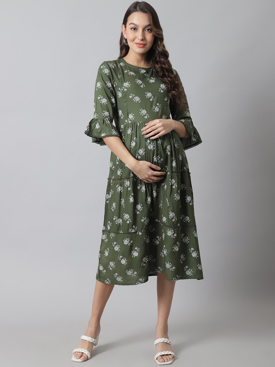 

Moms Maternity Floral Printed Maternity Midi Dress, Green