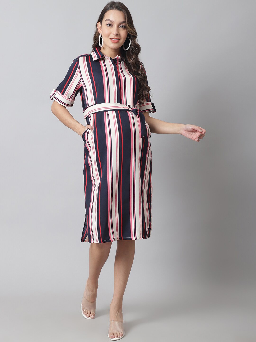 

Moms Maternity Striped Crepe Maternity Shirt Dress, Navy blue