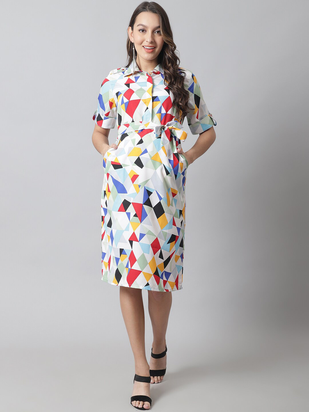 

Moms Maternity Crepe Maternity Shirt Dress with Belt, White