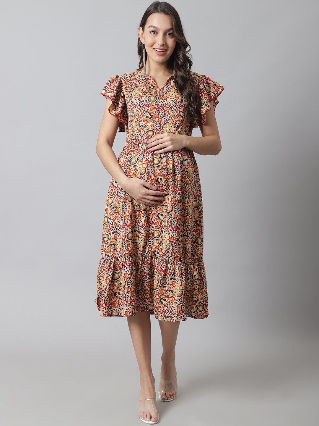 

Moms Maternity Floral Crepe Maternity Fit & Flare Midi Dress, Yellow
