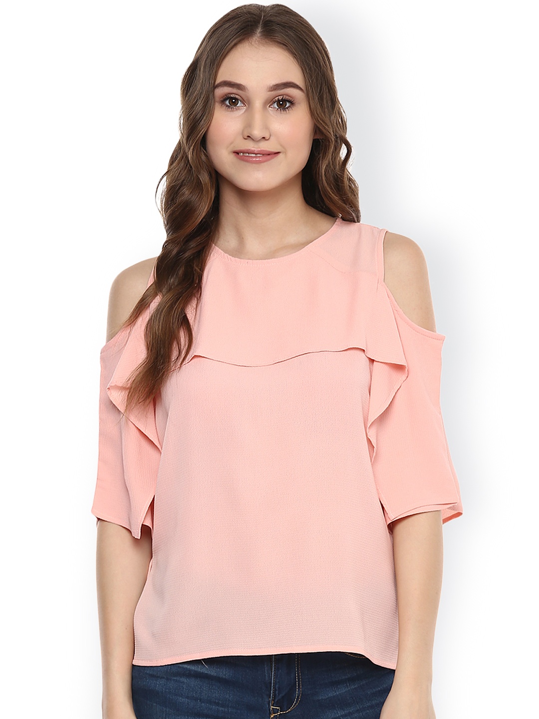 

Harpa Women Pink Solid Cold Shoulder Top