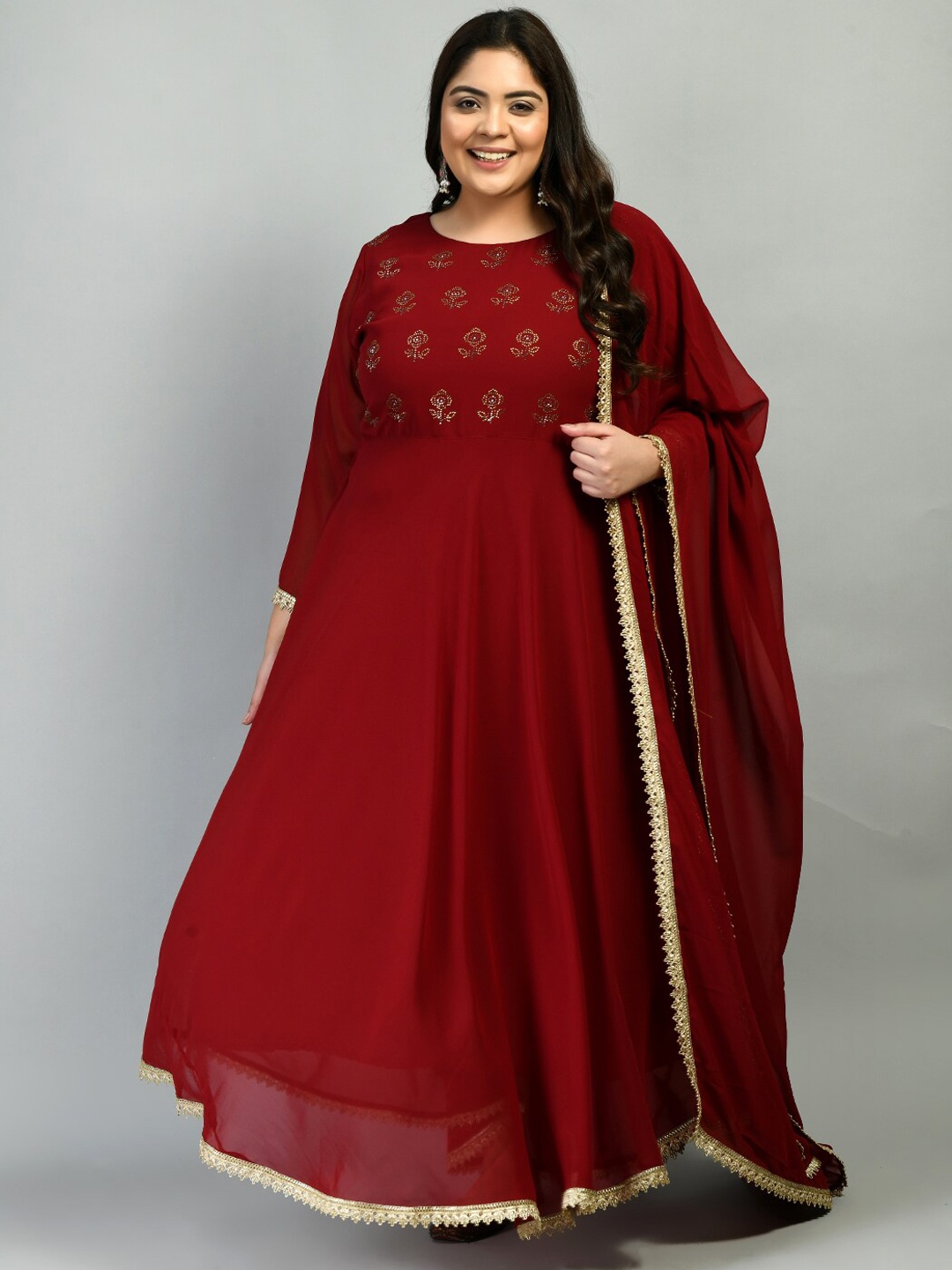 

PrettyPlus by Desinoor com Plus Size Beads and Stones Anarkali Georgette Kurta, Maroon