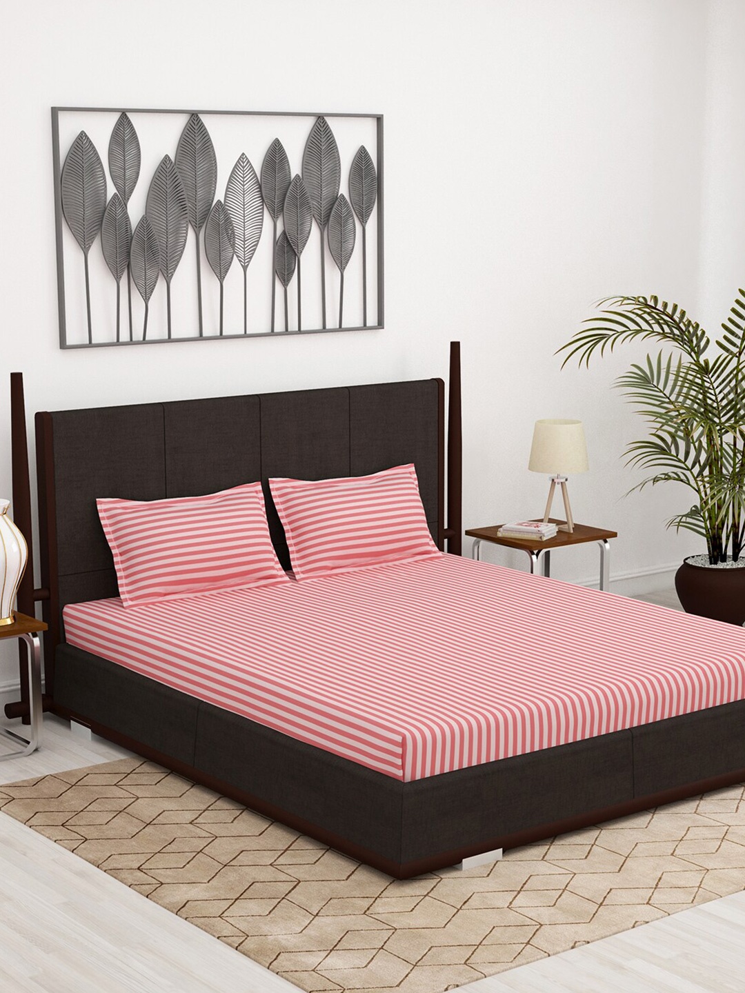 

Story@home Pink Striped 300 TC King Bedsheet with 2 Pillow Covers