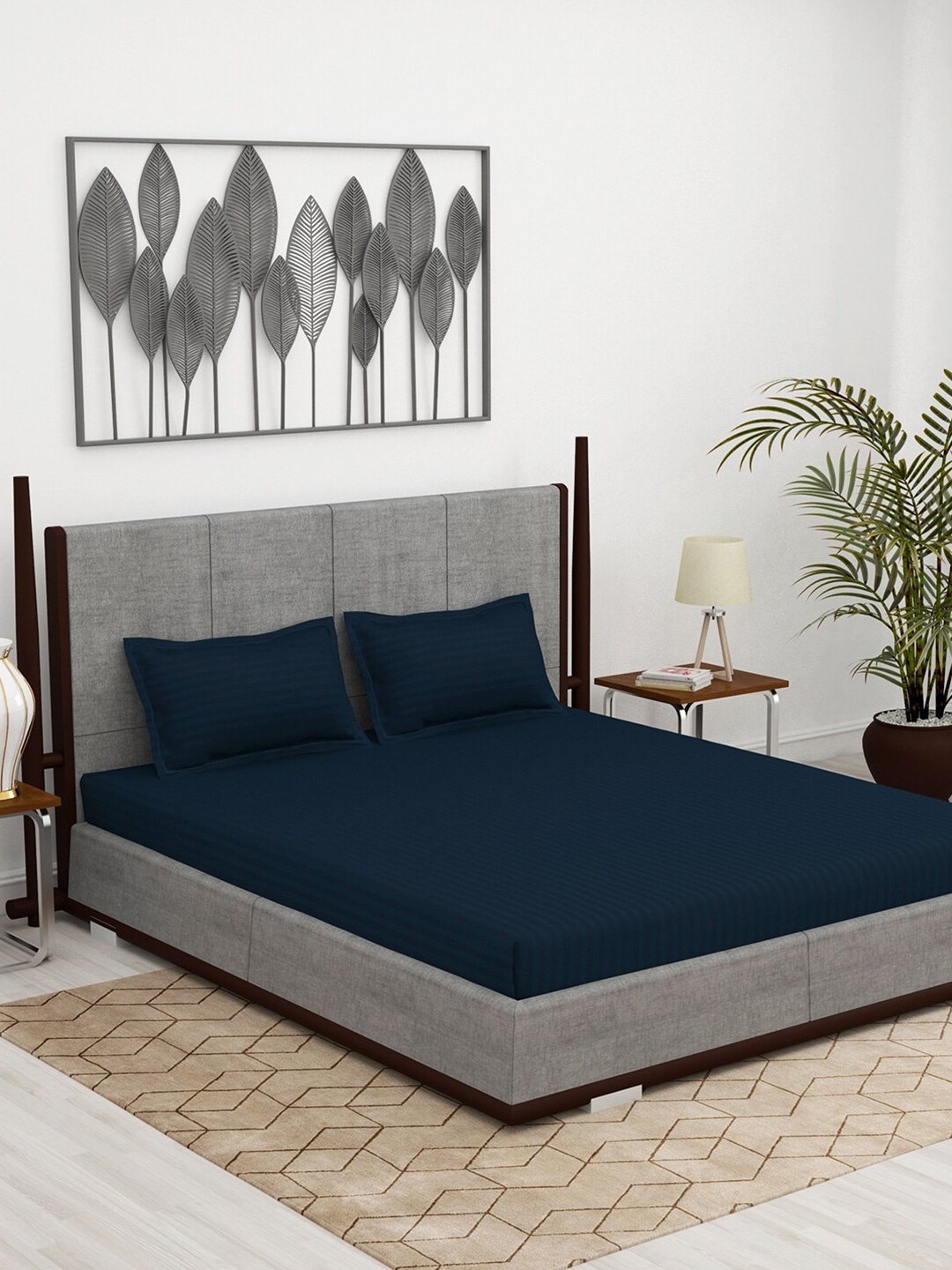 

Story@home Navy Blue Striped 300 TC King Bedsheet with 2 Pillow Covers