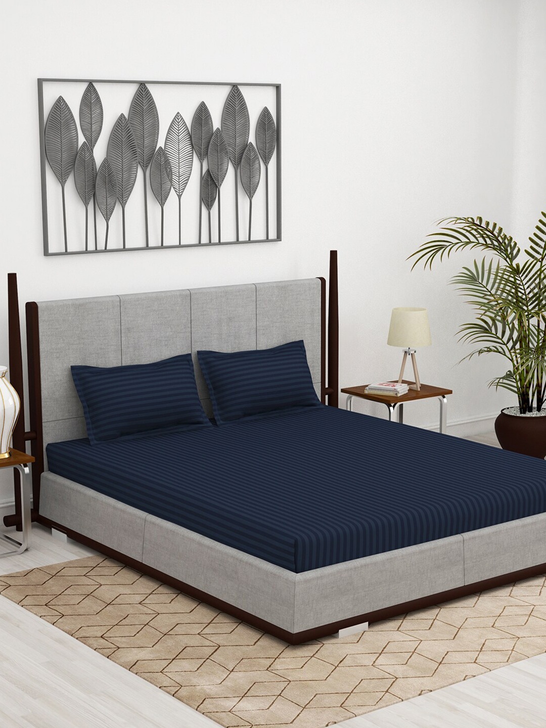 

Story@home Navy Blue Striped 300 TC Cotton King Bedsheet with 2 Pillow Covers