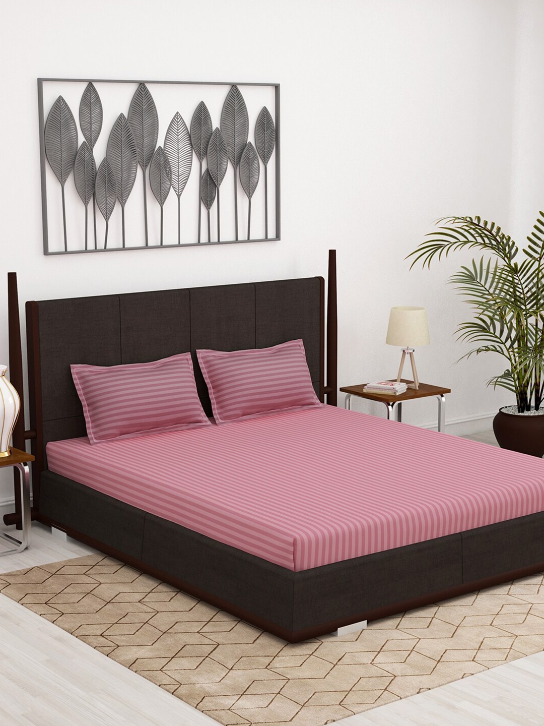 

Story@home Peach-Coloured Striped 300 TC King Bedsheet with 2 Pillow Covers
