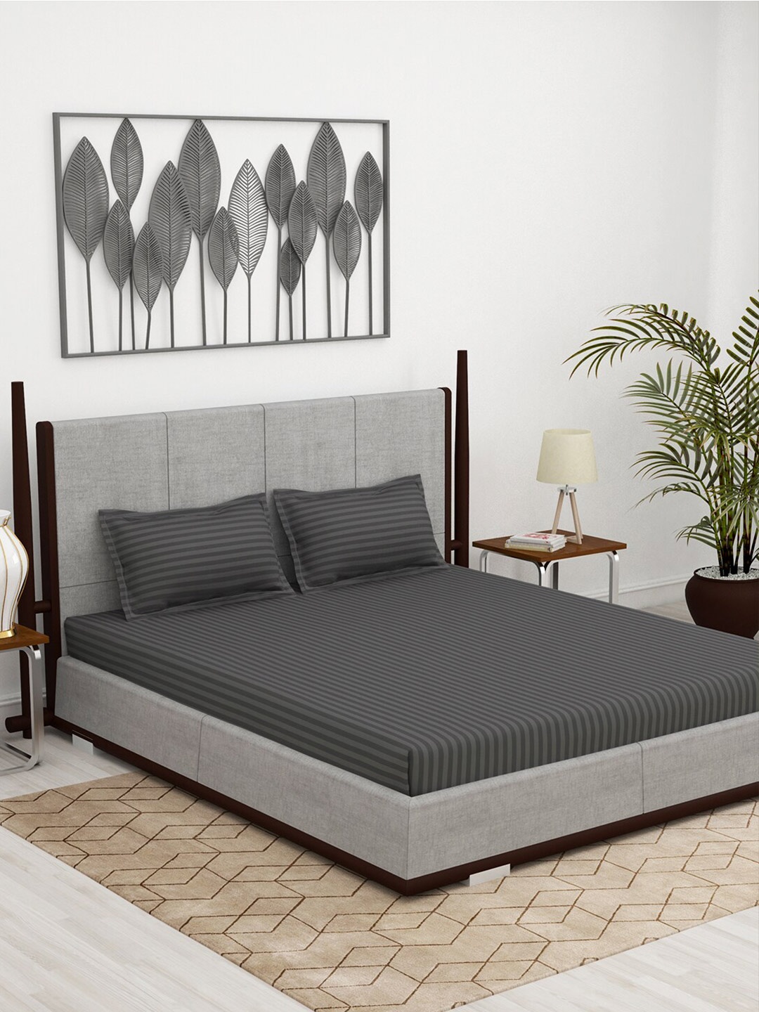

Story@home Grey Striped 300 TC King Bedsheet with 2 Pillow Covers