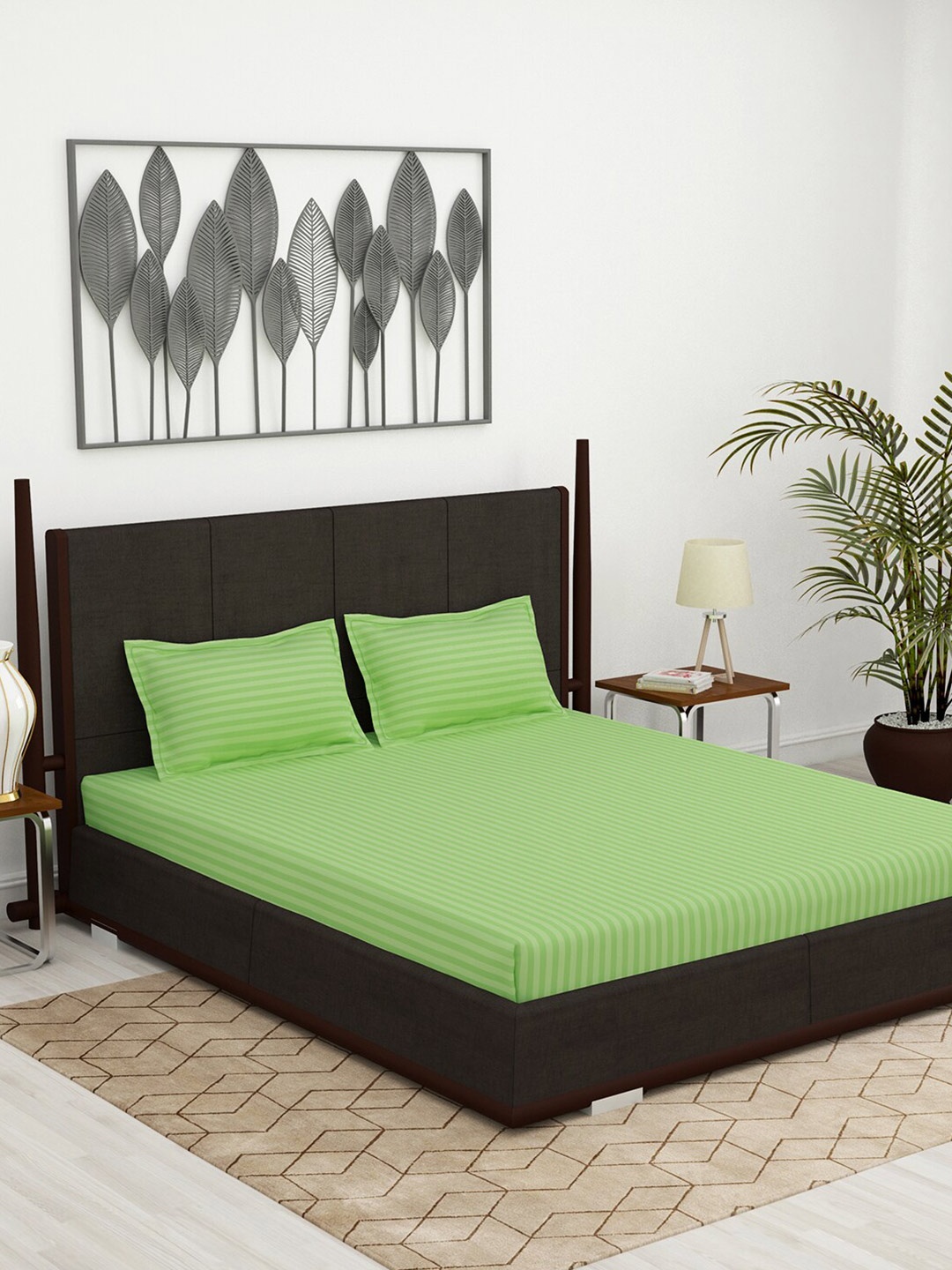 

Story@home Green Striped 300 TC King Bedsheet with 2 Pillow Covers