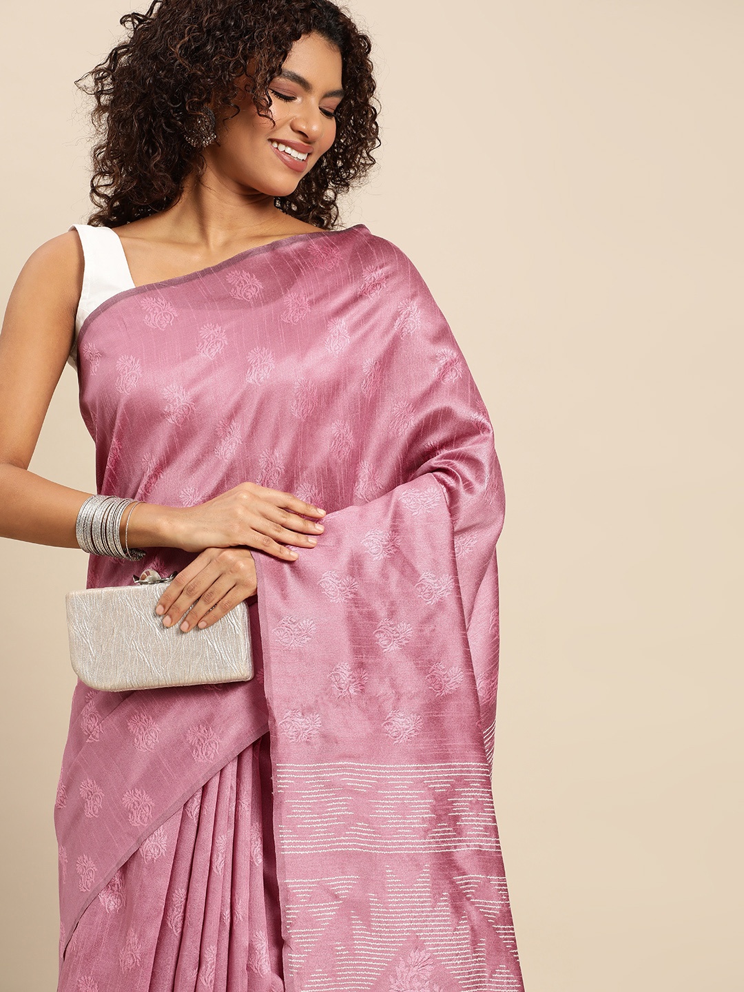 

Pothys Pink Ethnic Motifs Jute Silk Saree