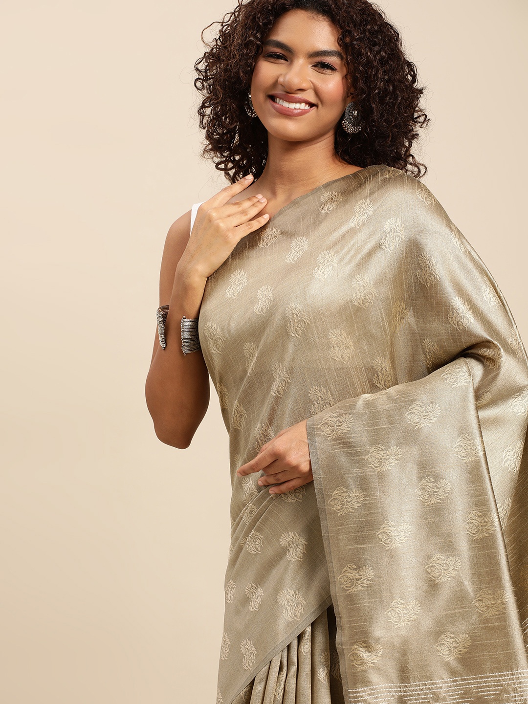 

Pothys Taupe Ethnic Motifs Jute Silk Saree
