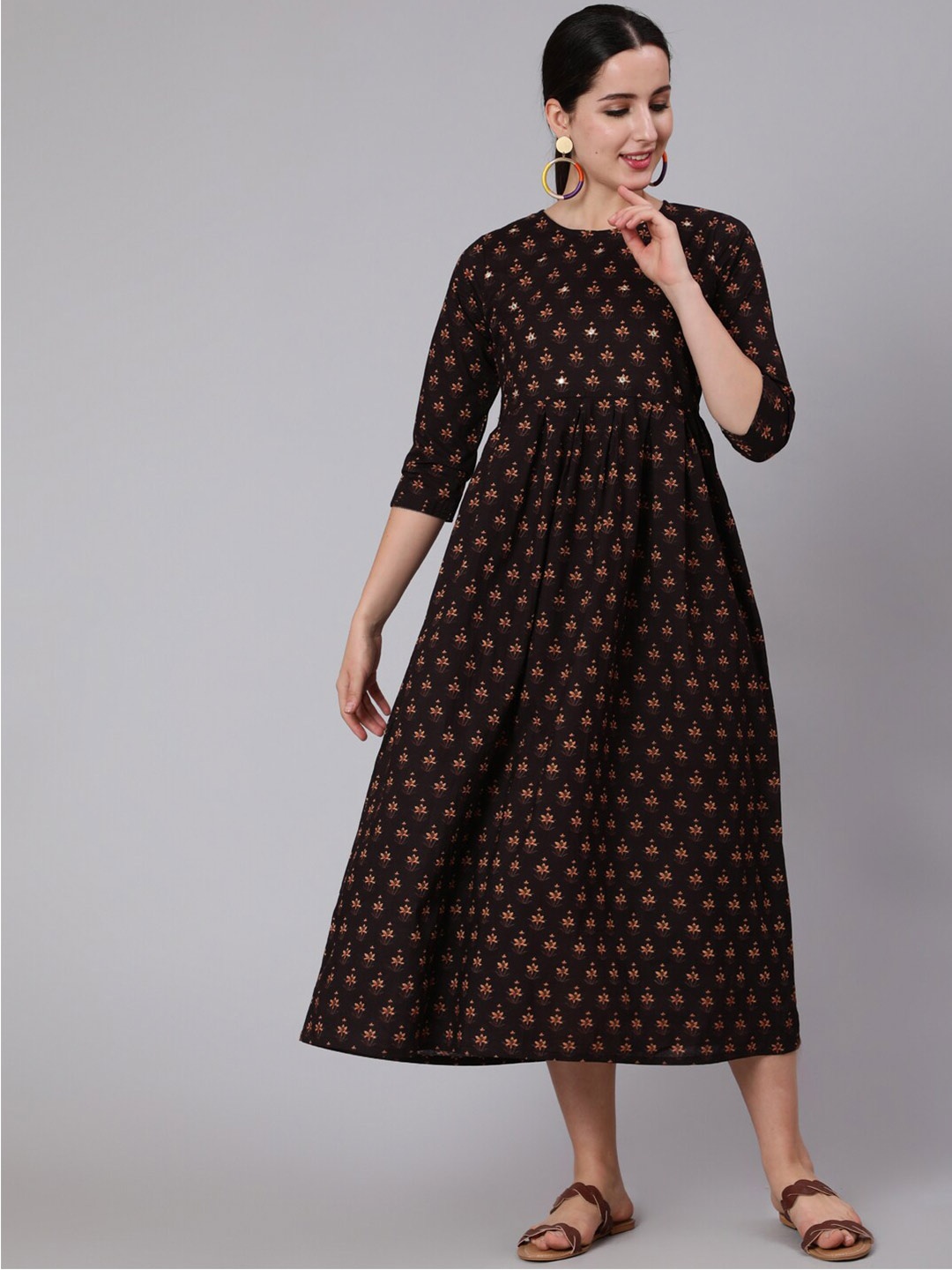 

Nayo Brown Floral A-Line Cotton Midi Dress