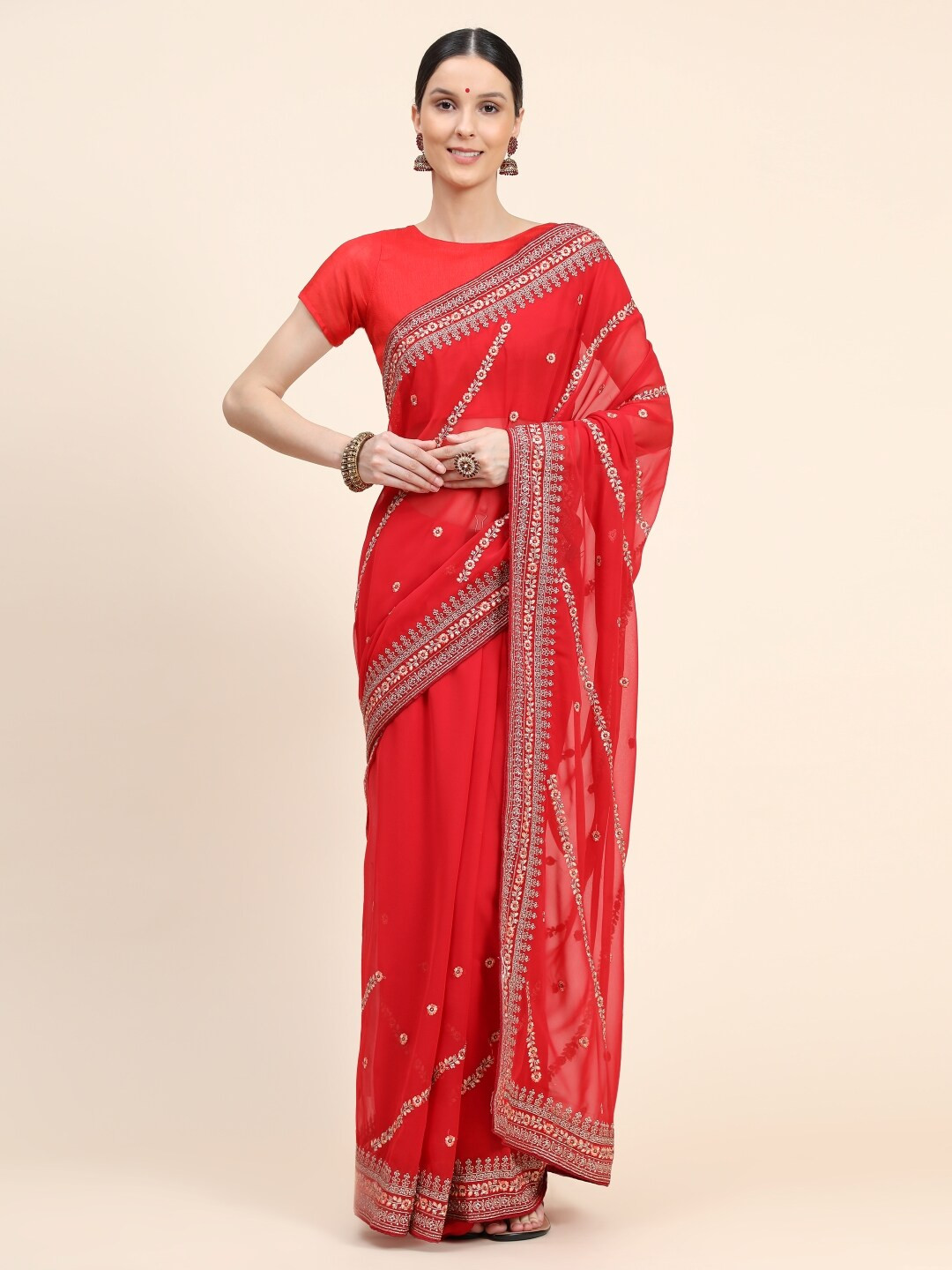 

Ambuja International Floral Embroidered Pure Georgette Saree, Red
