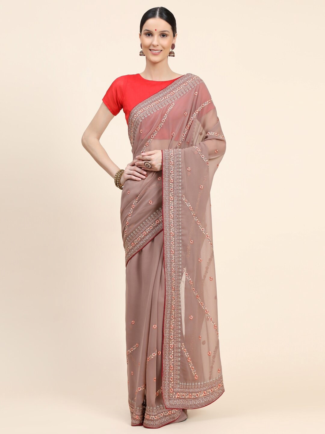 

Ambuja International Floral Pure Georgette Saree, Brown