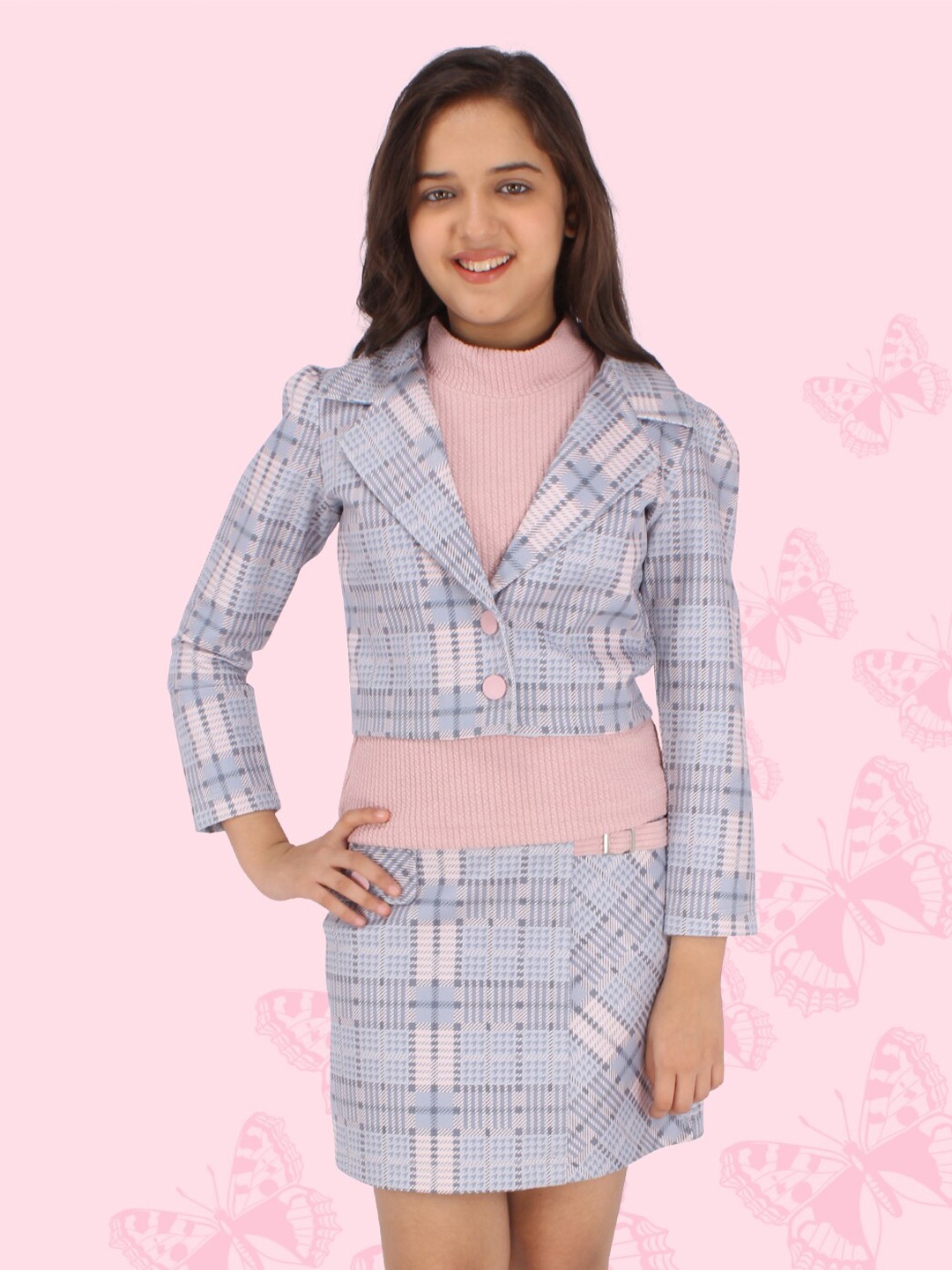

CUTECUMBER Girls Checked Top with Skirt, Blue